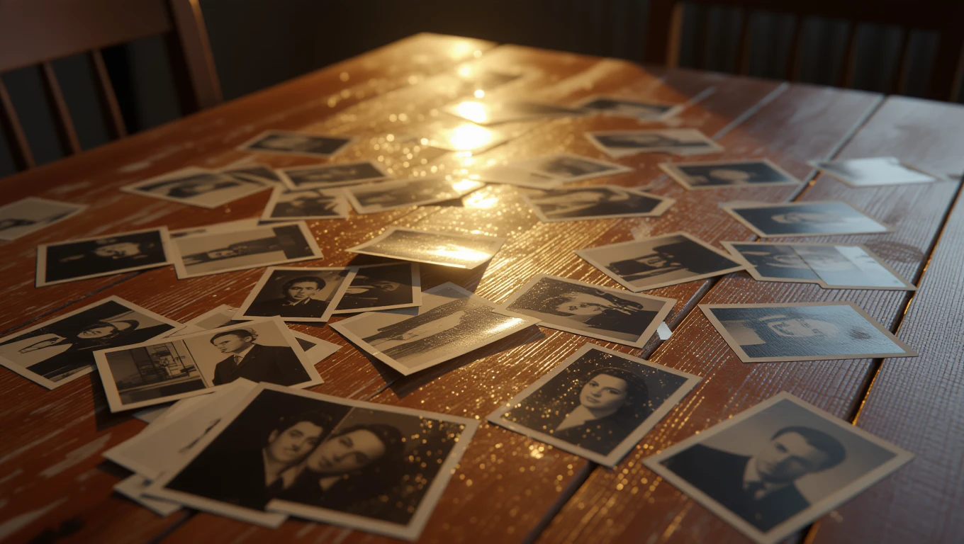 Eine Sammlung alter Schwarz-Weiß-Fotos auf einem Tisch, die Erinnerungen wecken.