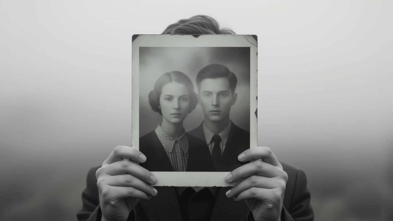 Eine Person hält ein altes Foto eines Paares vor ihrem Gesicht.