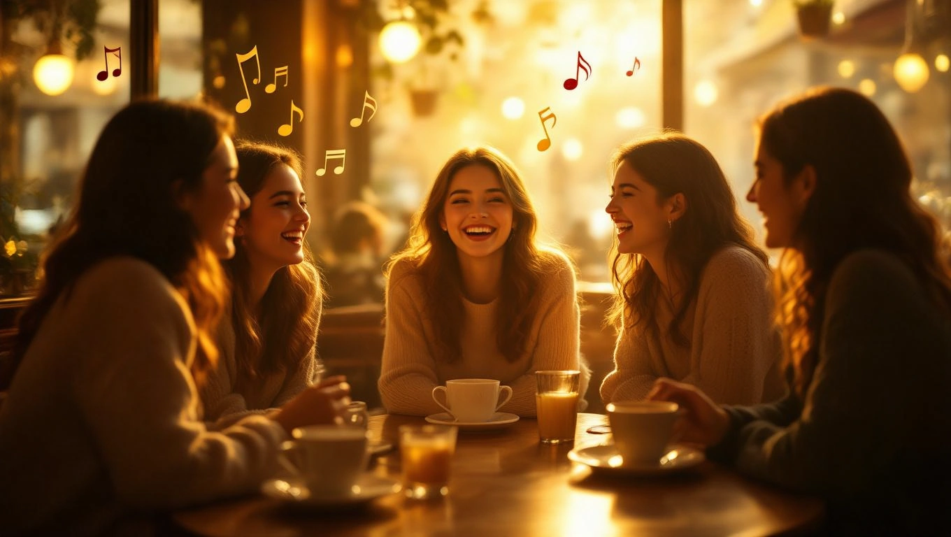 Fünf Frauen lachen und genießen ihre Zeit in einem Café bei Sonnenlicht.