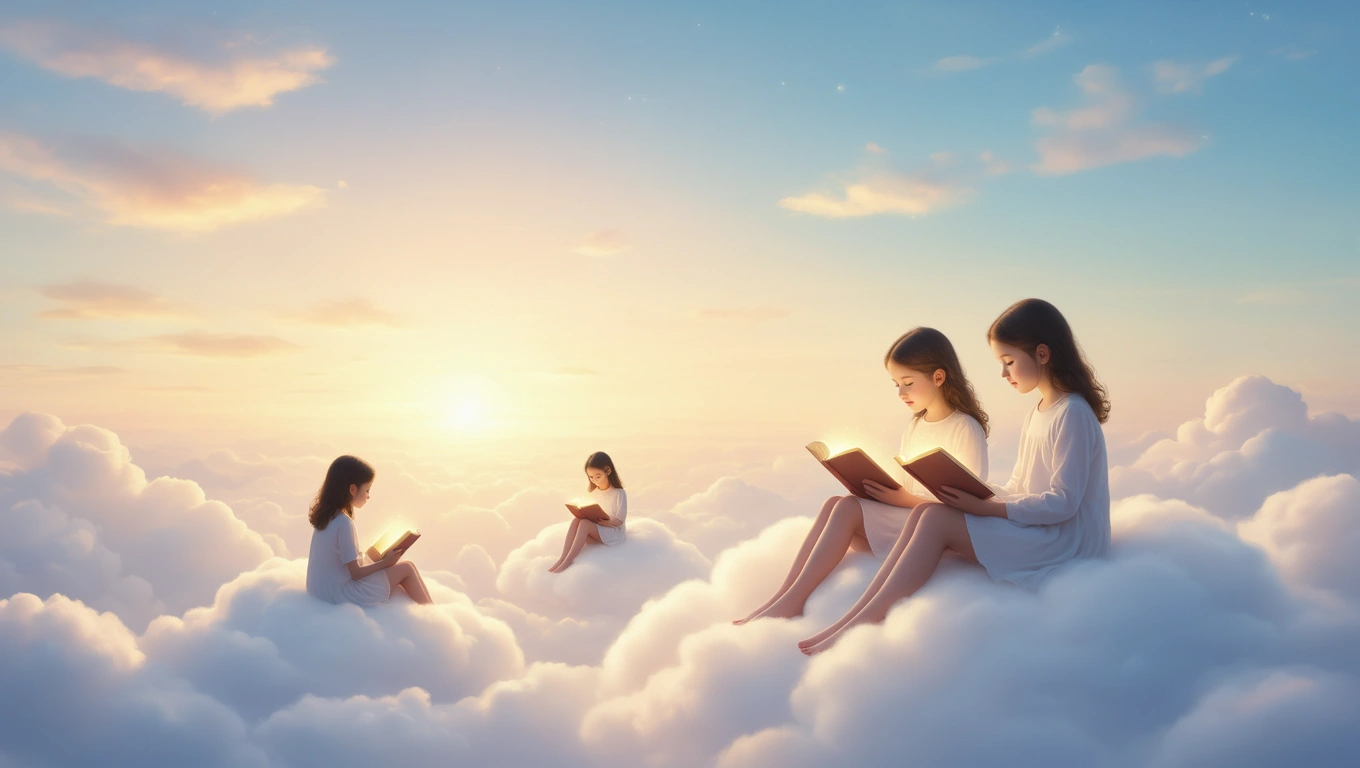 Vier Mädchen sitzen auf Wolken und lesen Bücher in einem traumhaften Sonnenuntergang.
