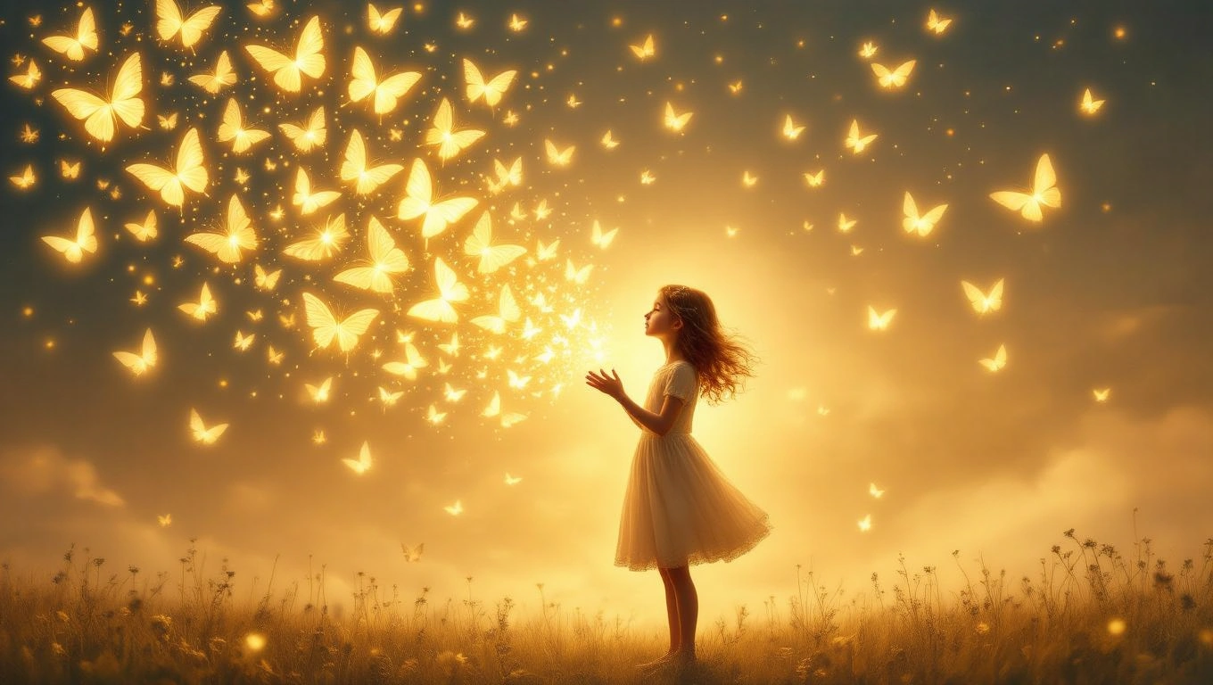 Ein Mädchen steht in einem Feld und beobachtet leuchtende Schmetterlinge, die um sie herum fliegen.