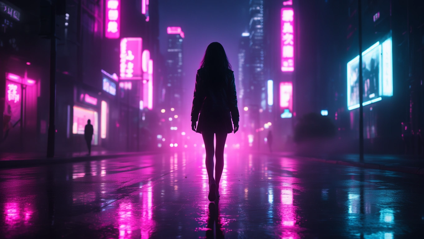 Eine Frau steht in einer nebligen, neonbeleuchteten Stadtstraße.