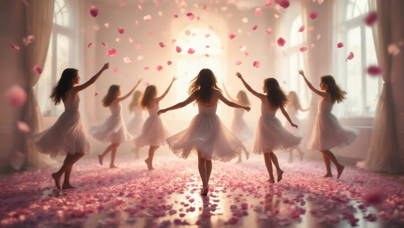 Eine Gruppe von Frauen tanzt in einem Raum, umgeben von Rosenblättern.