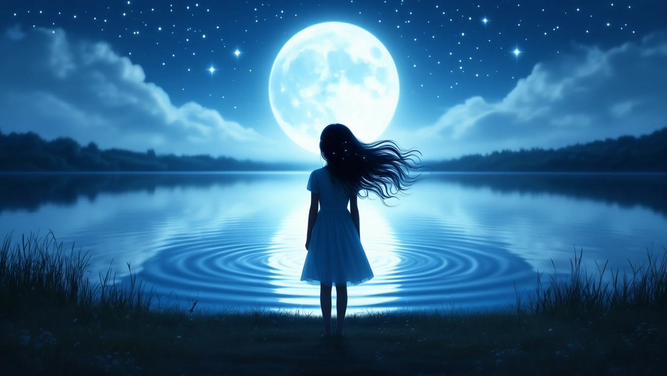 Ein Mädchen steht am Ufer eines ruhigen Sees unter einem leuchtenden Vollmond.