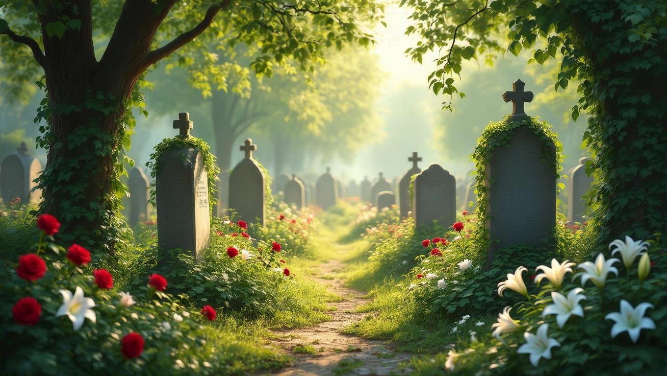 Ein ruhiger Friedhof mit Grabsteinen, umgeben von blühenden Blumen und Bäumen.