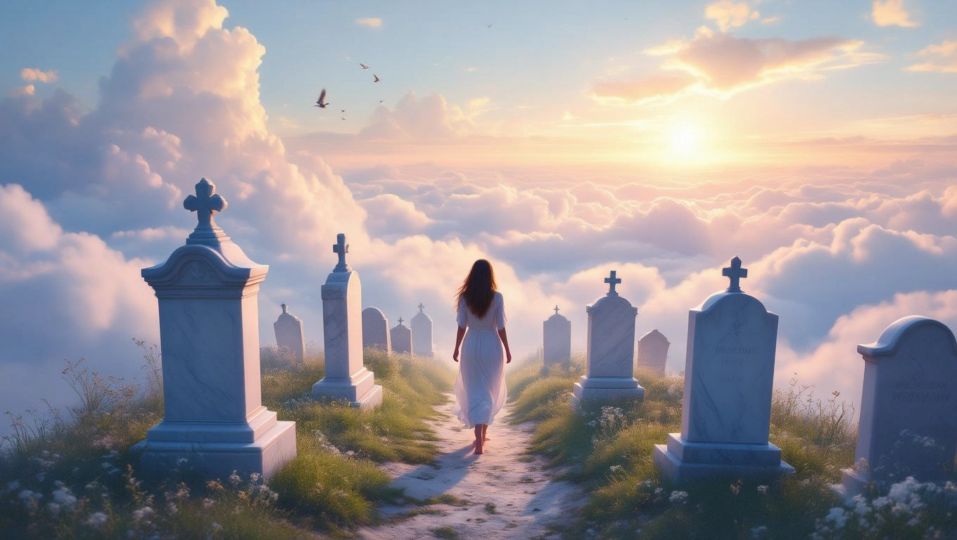 Eine Frau in einem weißen Kleid geht durch einen Friedhof mit Grabsteinen und Wolken.