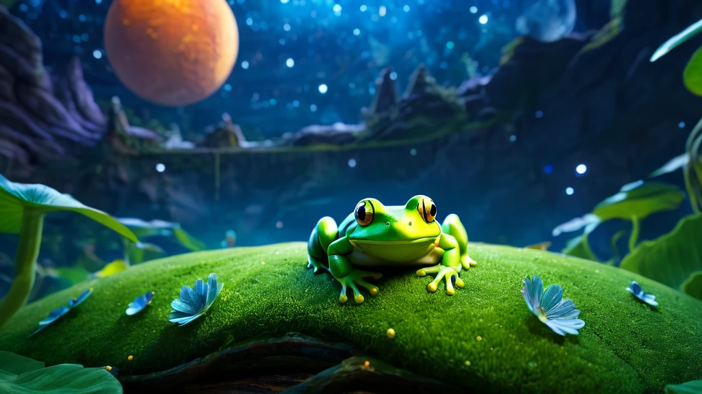 Ein grüner Frosch sitzt auf einer moosbedeckten Fläche unter einem Sternenhimmel.