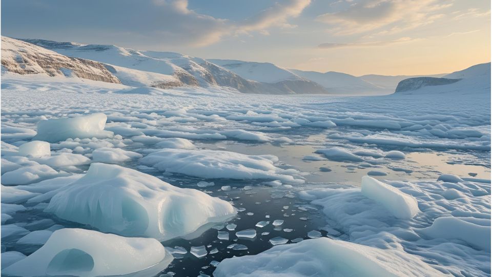 Eine frostige Winterlandschaft mit Eisbergen und schimmerndem Wasser.