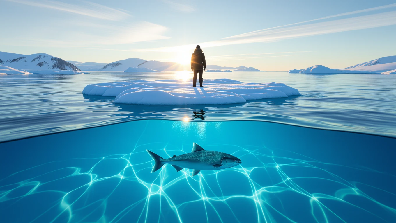 Ein Mensch steht auf einem Eisblock und schaut auf einen Fisch im klaren Wasser.