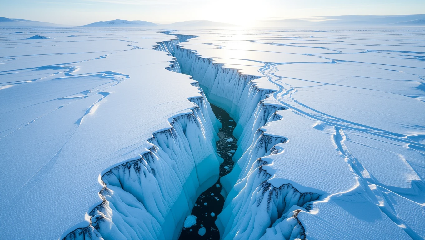 Eine beeindruckende Winterlandschaft mit einem tiefen Riss im Eis, umgeben von Schnee.