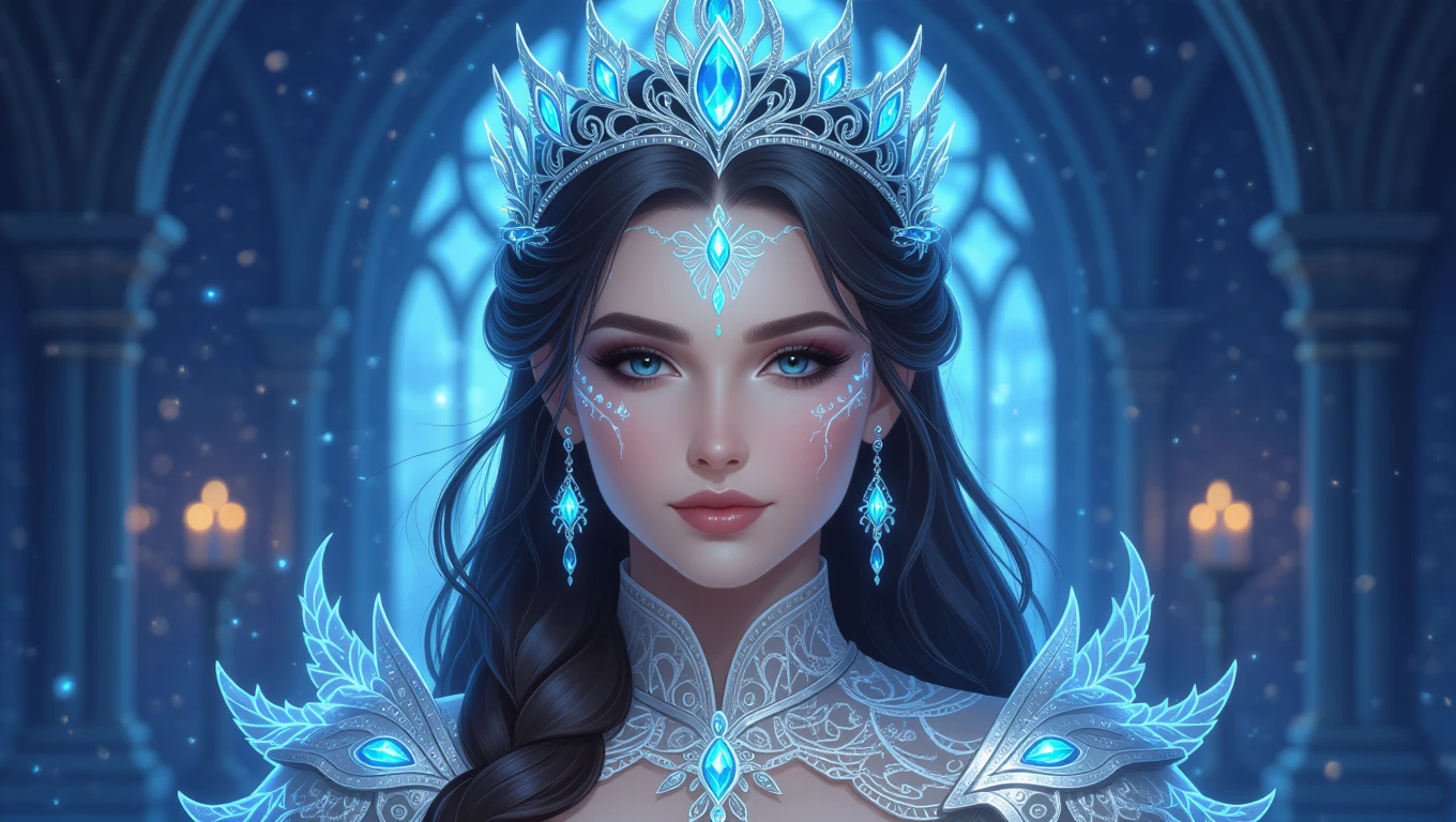 Eine majestätische Eisprinzessin mit blauen Augen und funkelndem Schmuck.