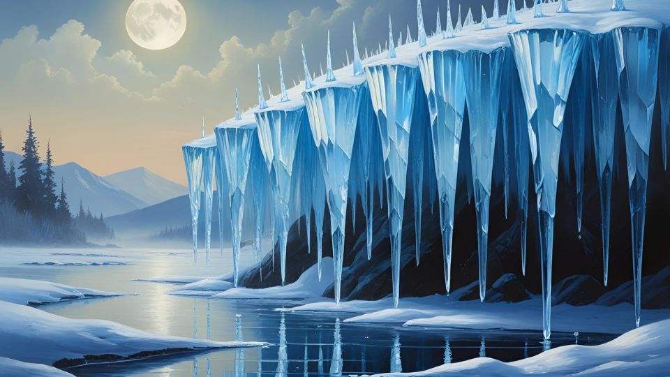 Eiszapfen hängen von einer gefrorenen Klippe in einer winterlichen Landschaft.