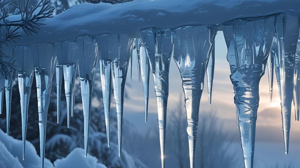 Eiszapfen hängen von einem Baumast in einer winterlichen Landschaft.