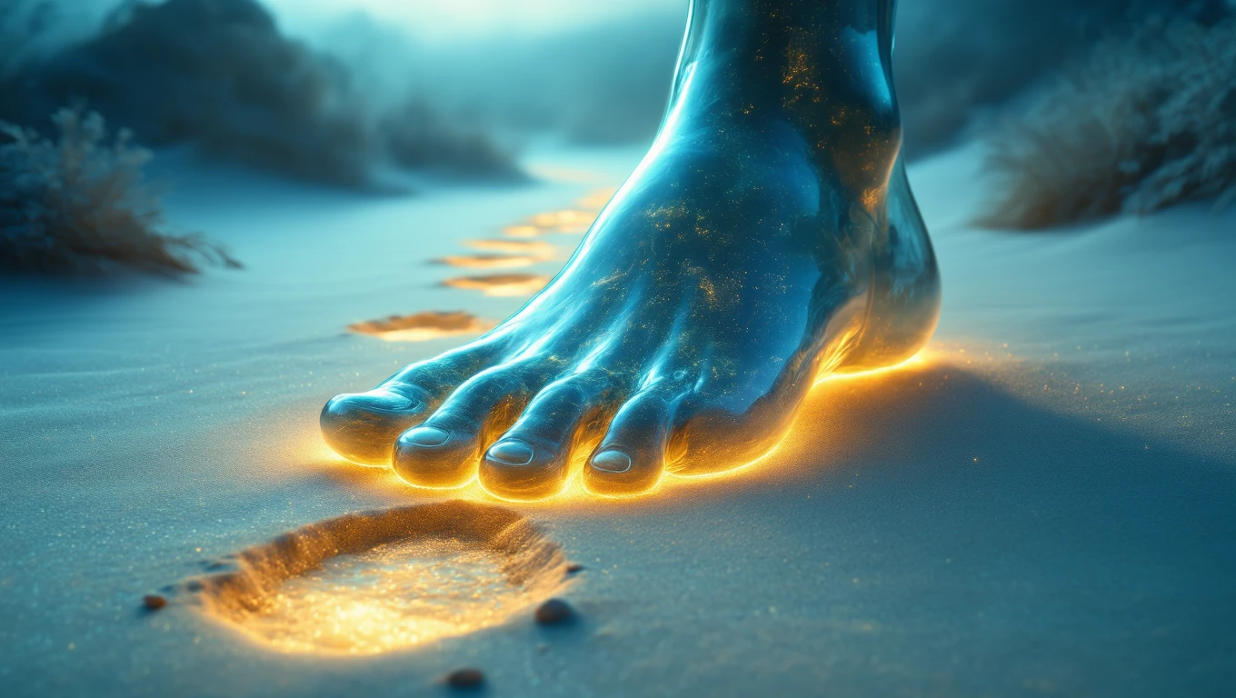 Ein leuchtender Fuß hinterlässt Spuren im Sand, symbolisiert den Lebensweg.