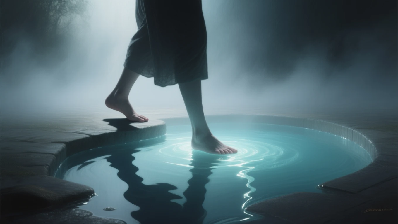 Ein Fuß tritt sanft auf die Wasseroberfläche eines ruhigen Teiches.