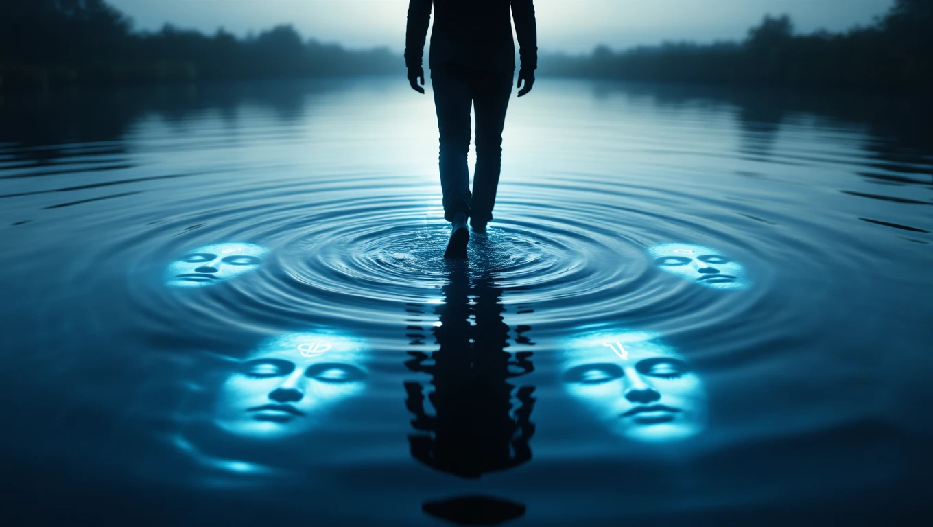 Eine Person steht im Wasser, während Gesichter im Wasser reflektiert werden.