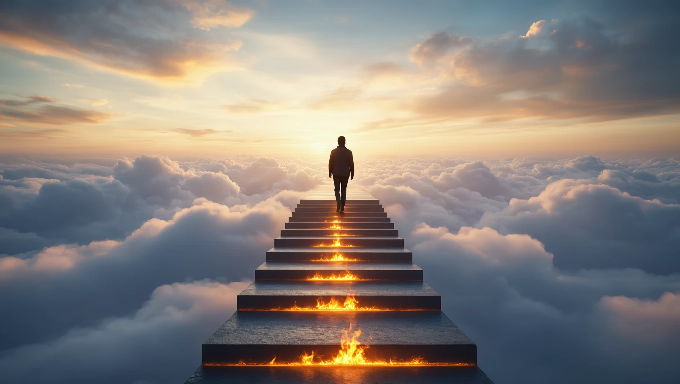 Eine Person geht auf einer Treppe, die über Wolken schwebt, symbolisiert den Lebensweg.