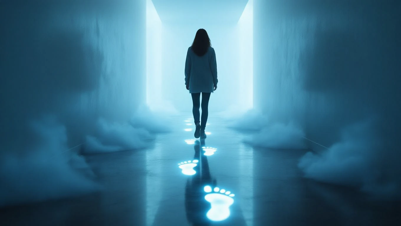 Eine Person geht auf einem leuchtenden Fußabdruckweg in einem nebligen Raum.