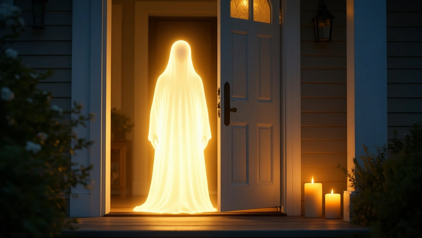 Ein leuchtendes, geisterhaftes Wesen steht an einer offenen Tür.