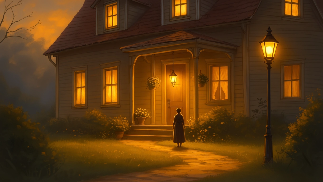 Eine Person steht vor einem beleuchteten Haus mit warmen Fenstern.