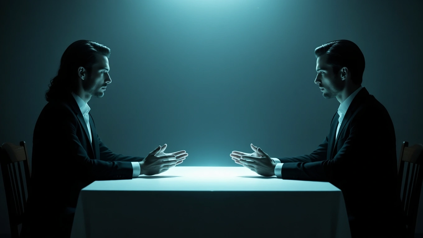 Zwei Männer in Anzügen sitzen sich an einem Tisch gegenüber und gestikulieren.