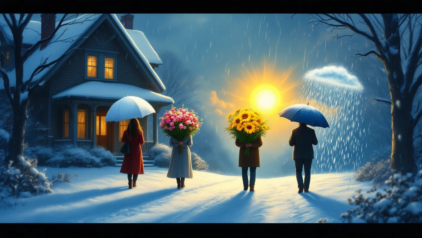 Vier Personen stehen im Schnee, halten Regenschirme und Blumen, während die Sonne aufgeht.