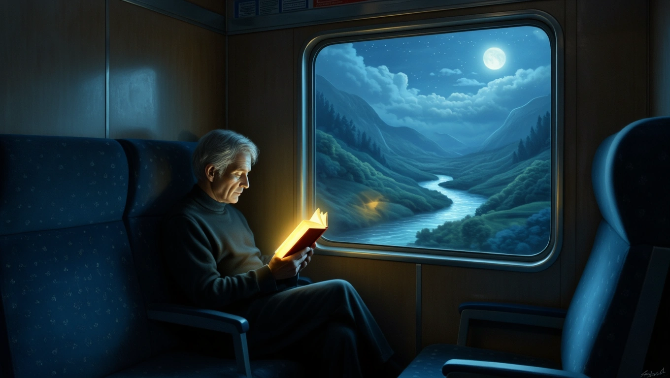 Ein älterer Mann liest ein Buch im Zug, während er aus dem Fenster auf eine mondbeschienene Landschaft blickt.