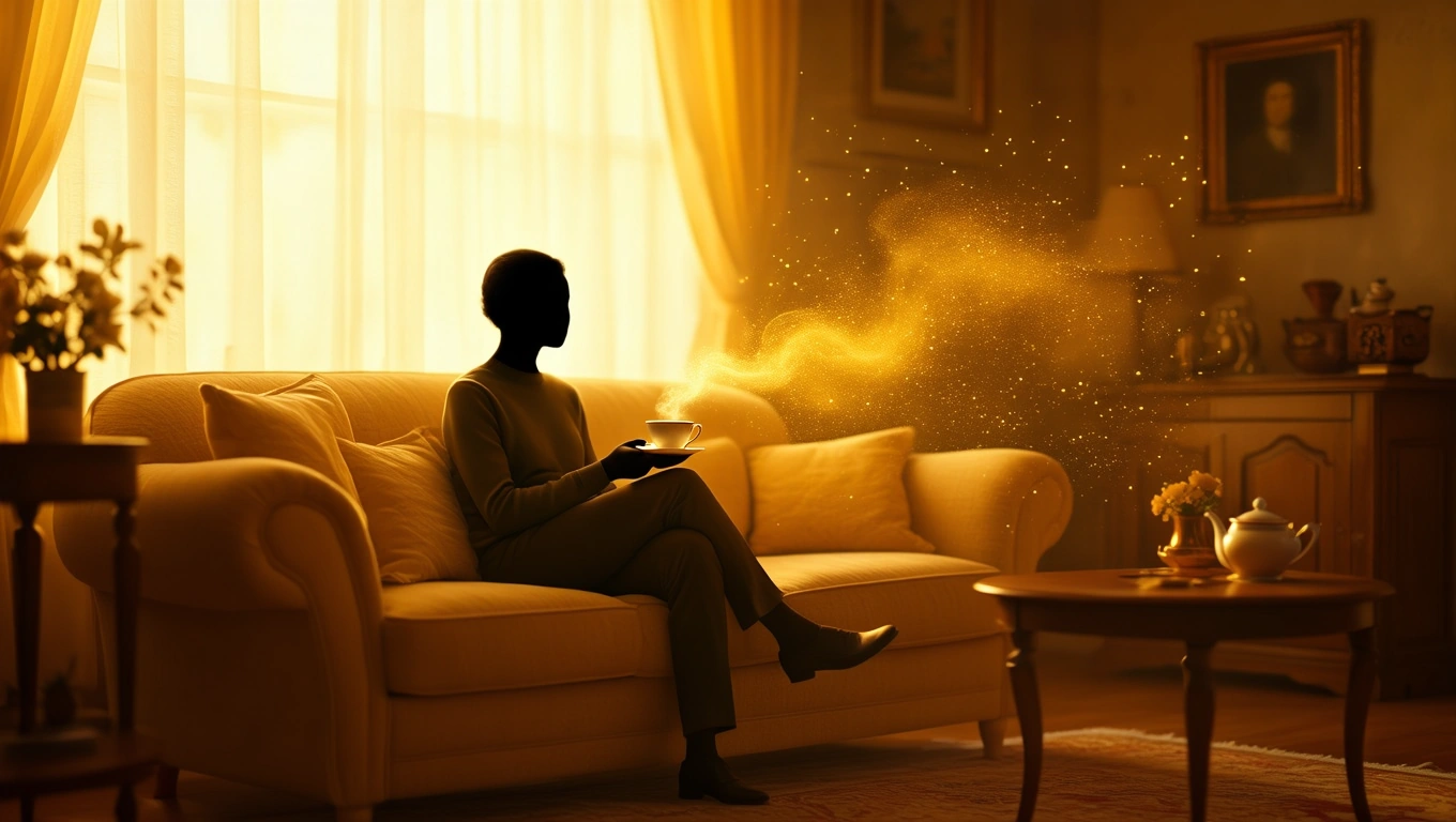 Eine silhouettierte Person sitzt auf einem Sofa und genießt eine Tasse Tee.