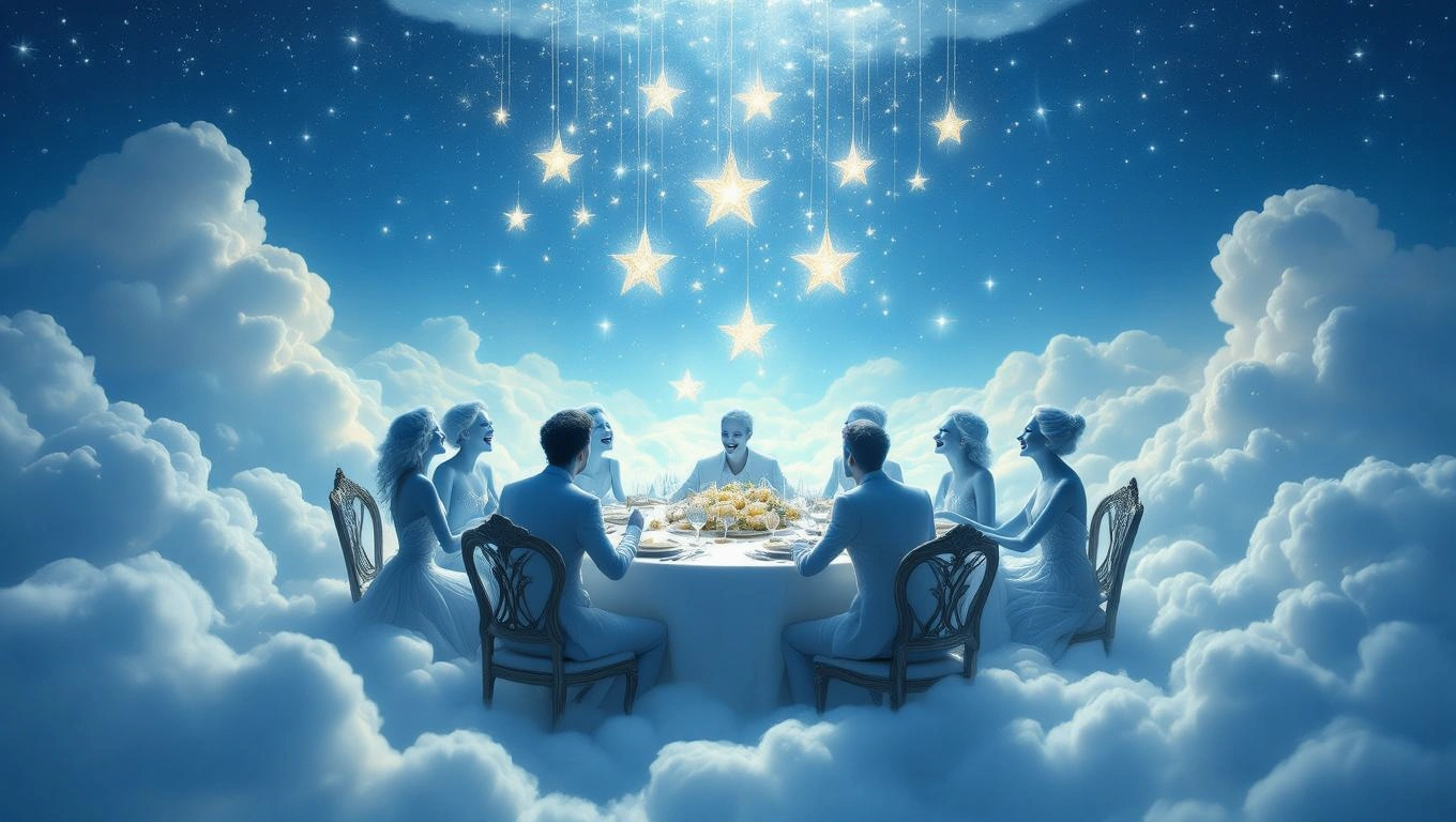 Eine traumhafte Szene mit Menschen, die an einem Tisch in den Wolken sitzen.