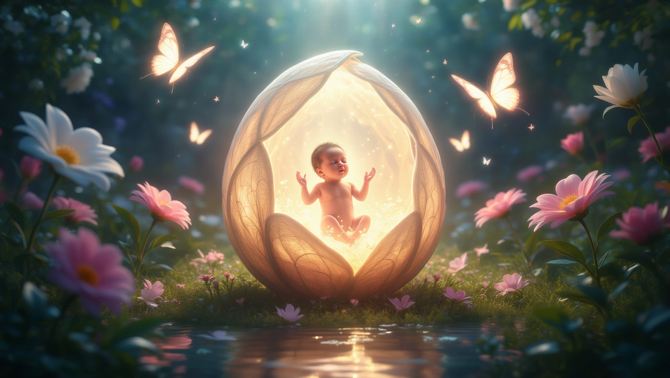 Ein neugeborenes Baby sitzt in einer blühenden Umgebung, umgeben von Blumen und Schmetterlingen.