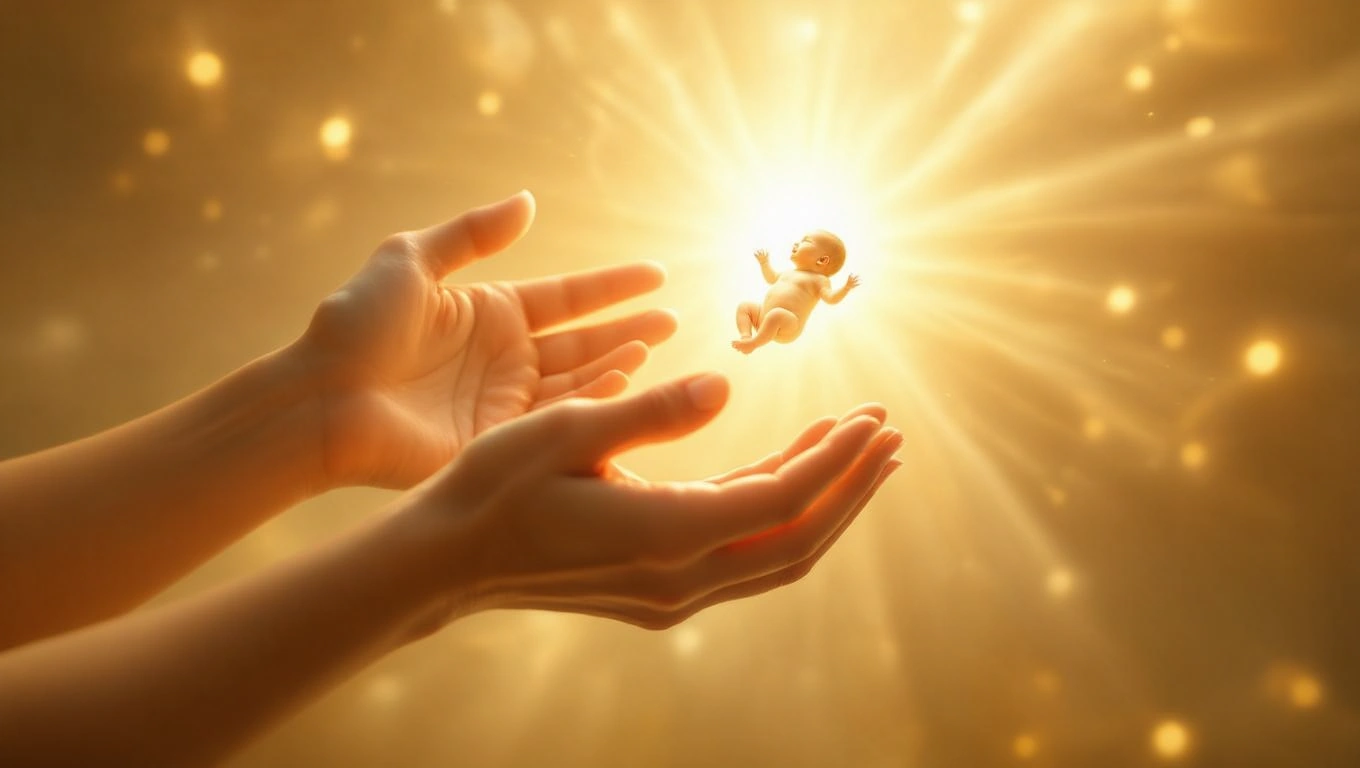 Eine Hand hält ein neugeborenes Baby, umgeben von goldenem Licht.