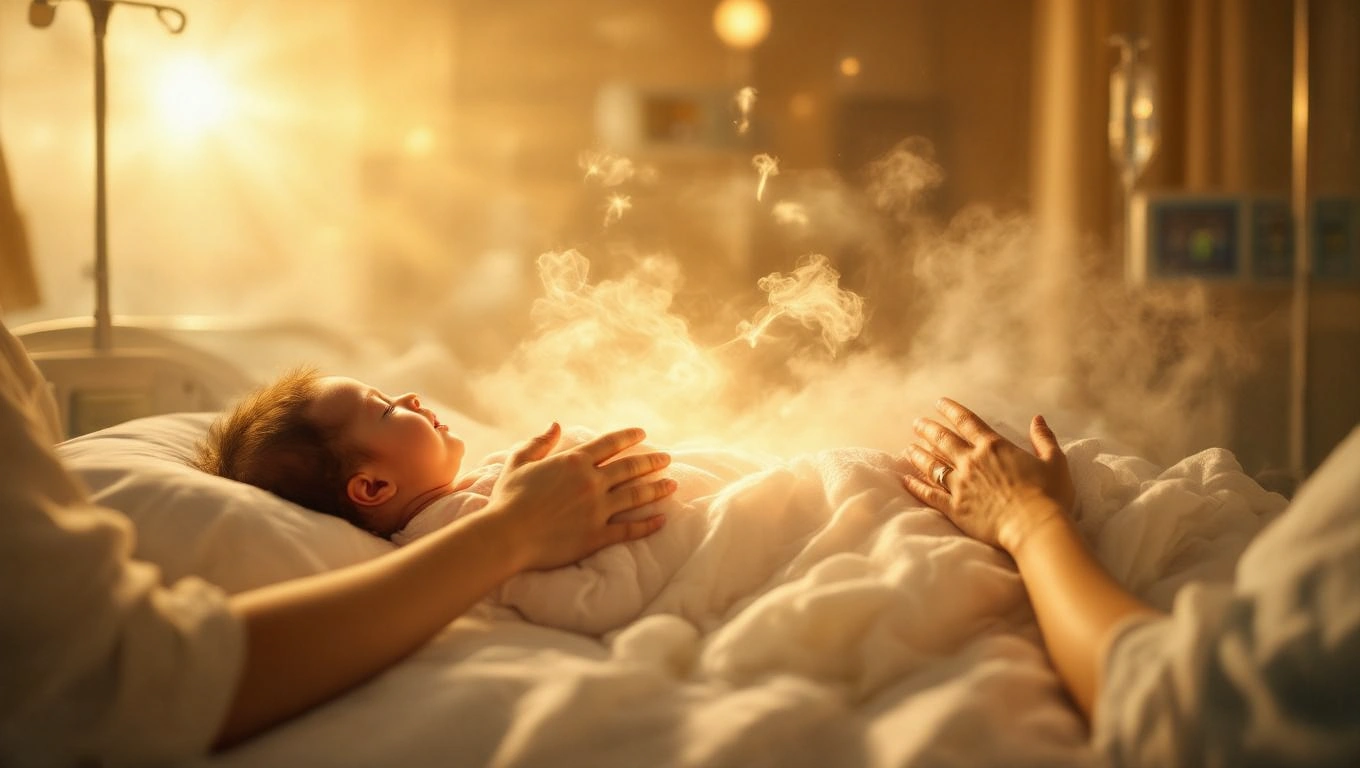 Ein neugeborenes Baby liegt in einem Krankenhausbett, umgeben von sanftem Licht.