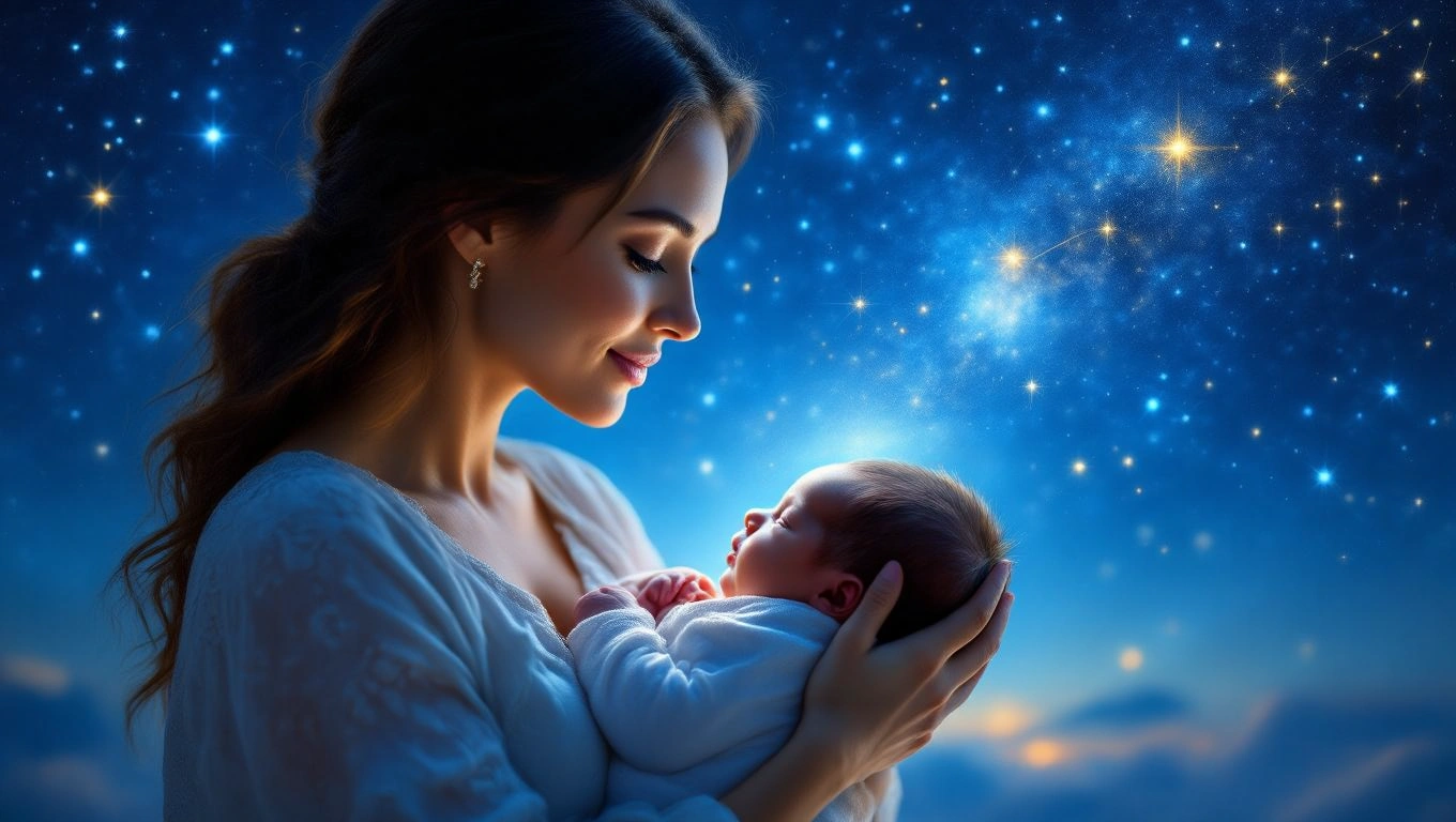 Eine Mutter hält ihr Neugeborenes in einer traumhaften, sternenklaren Nacht.