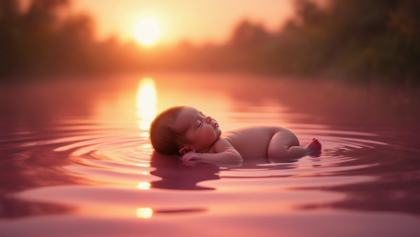 Ein schlafendes Baby schwimmt sanft in einem ruhigen, pinken Gewässer bei Sonnenuntergang.