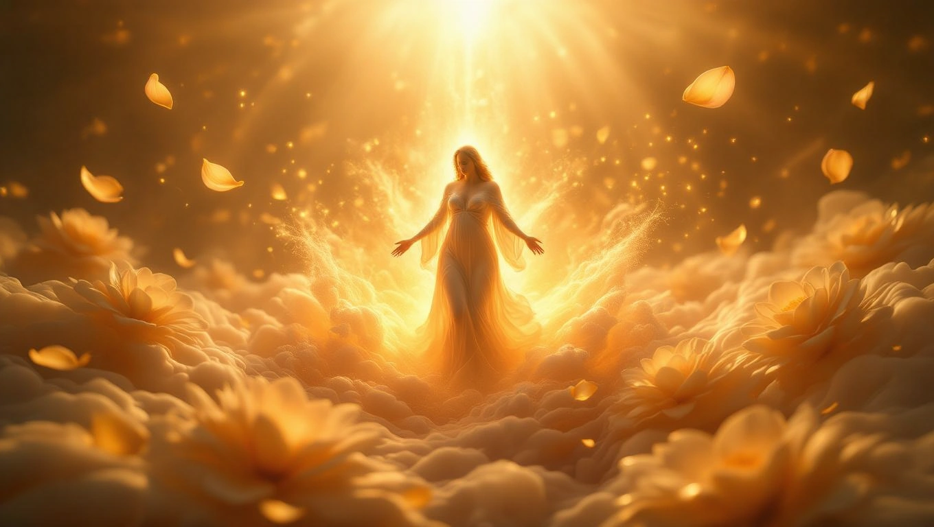 Eine strahlende Frau in einem goldenen Licht, umgeben von Blumen und Wolken.
