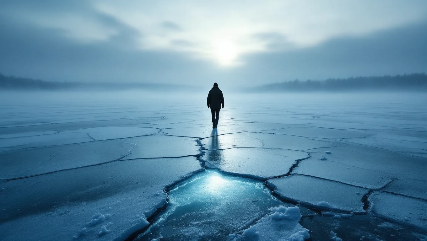 Eine Person geht über eine gefrorene, rissige Eisfläche in der Dämmerung.