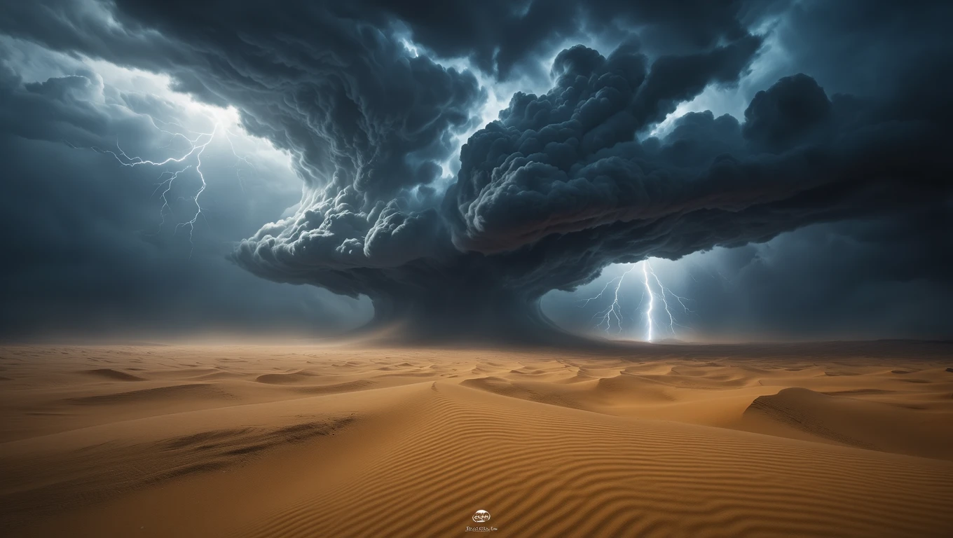 Dramatische Wolkenformation über einer Wüste mit Blitzen.