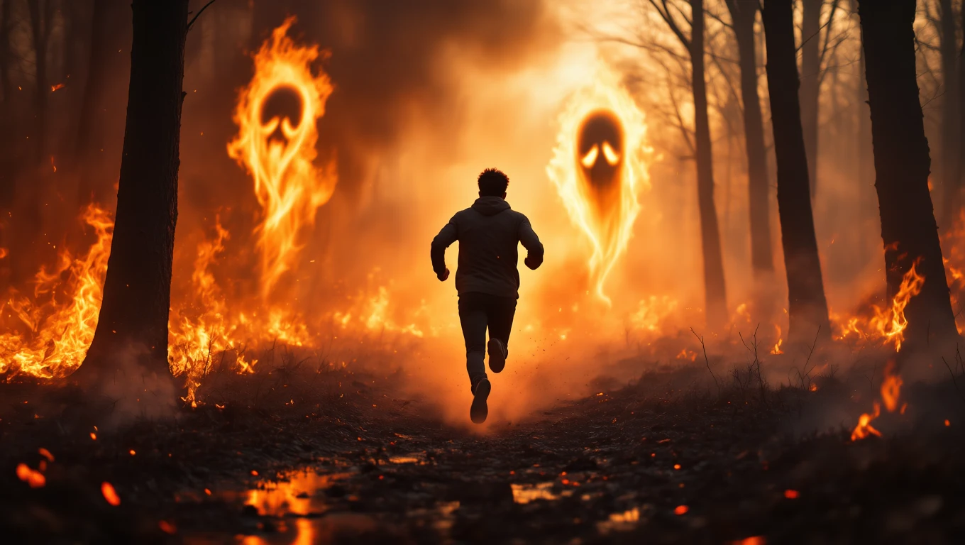 Ein Mensch läuft durch einen brennenden Wald, umgeben von Flammen und gespenstischen Erscheinungen.