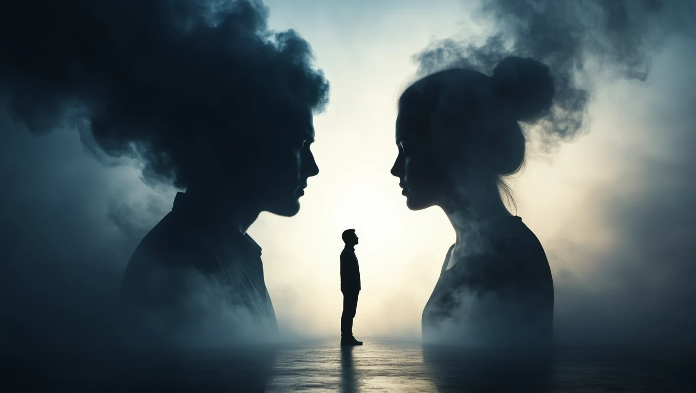 Silhouetten von zwei Personen, umgeben von Nebel, symbolisieren Traumdeutung und innere Konflikte.
