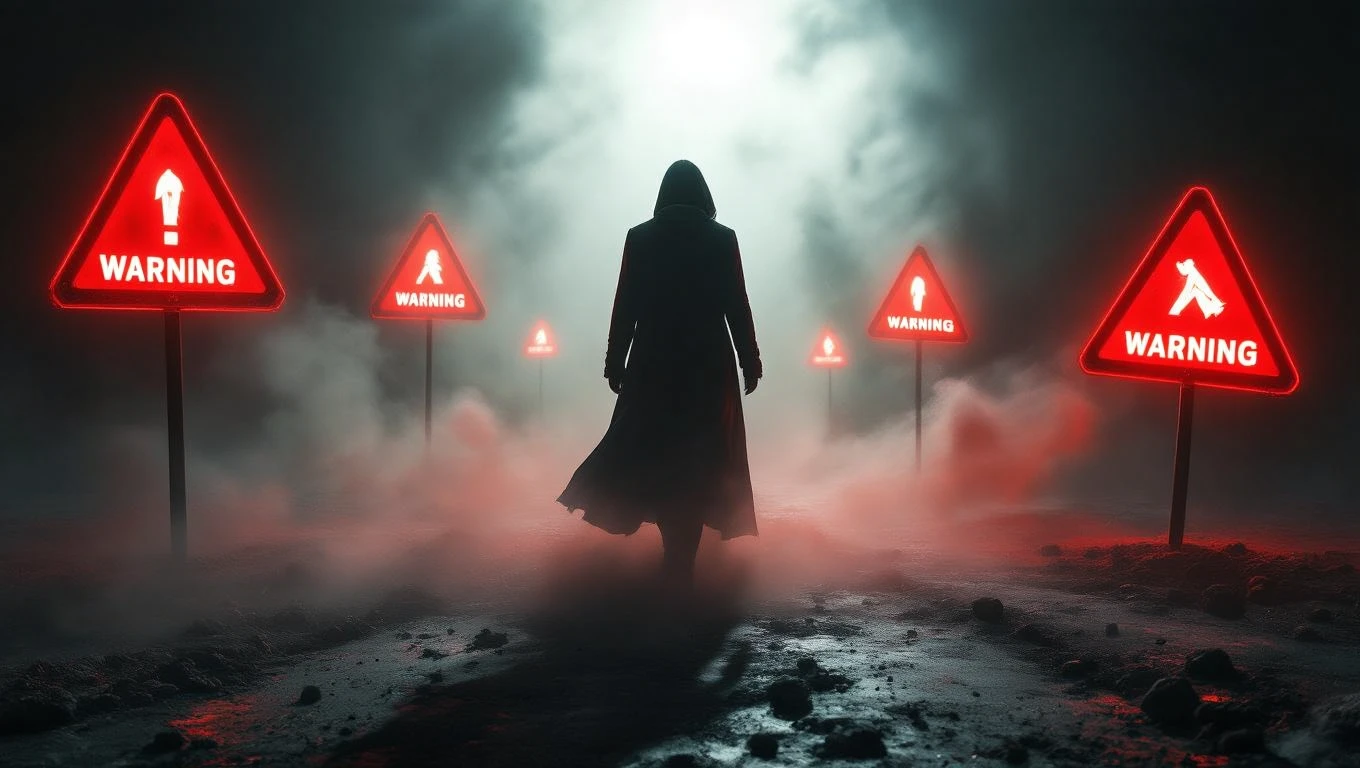 Eine mysteriöse Gestalt steht vor leuchtenden Warnschildern in nebliger Umgebung.