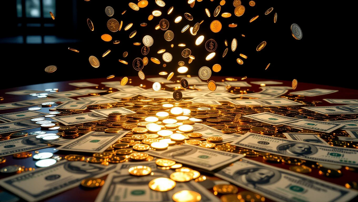 Eine Ansammlung von Geldscheinen und Münzen, die auf einem Tisch verteilt sind.