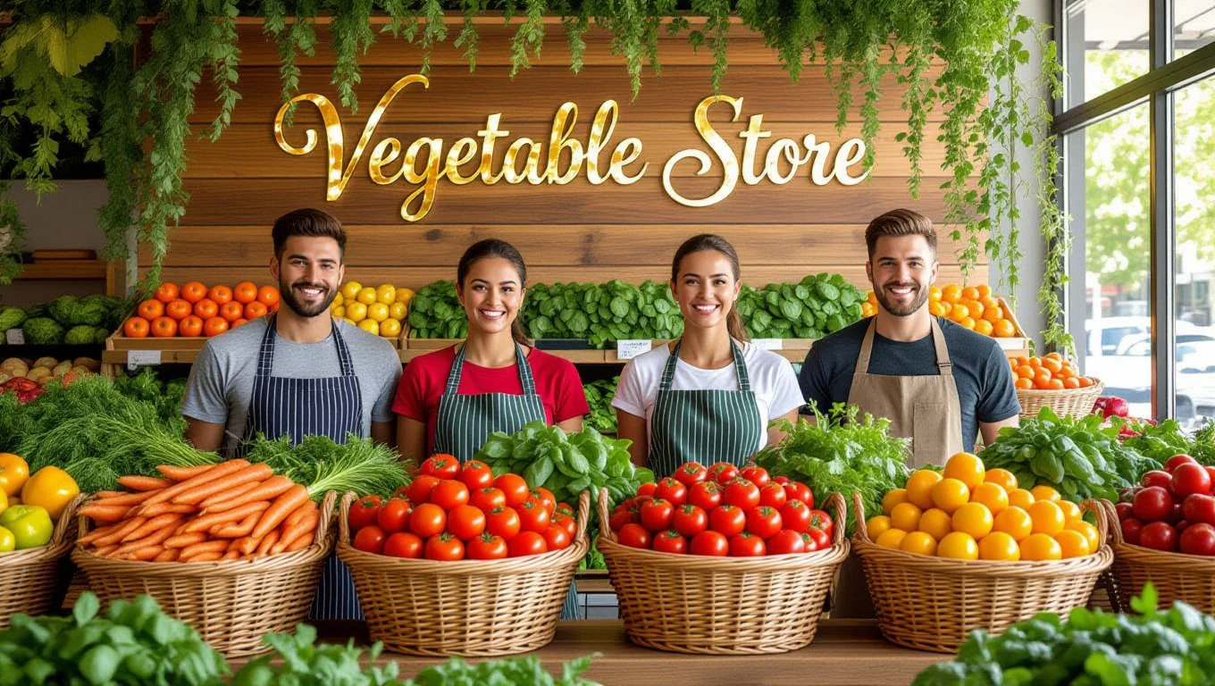 Ein Gemüsegeschäft mit frischem Gemüse und freundlichen Verkäufern.