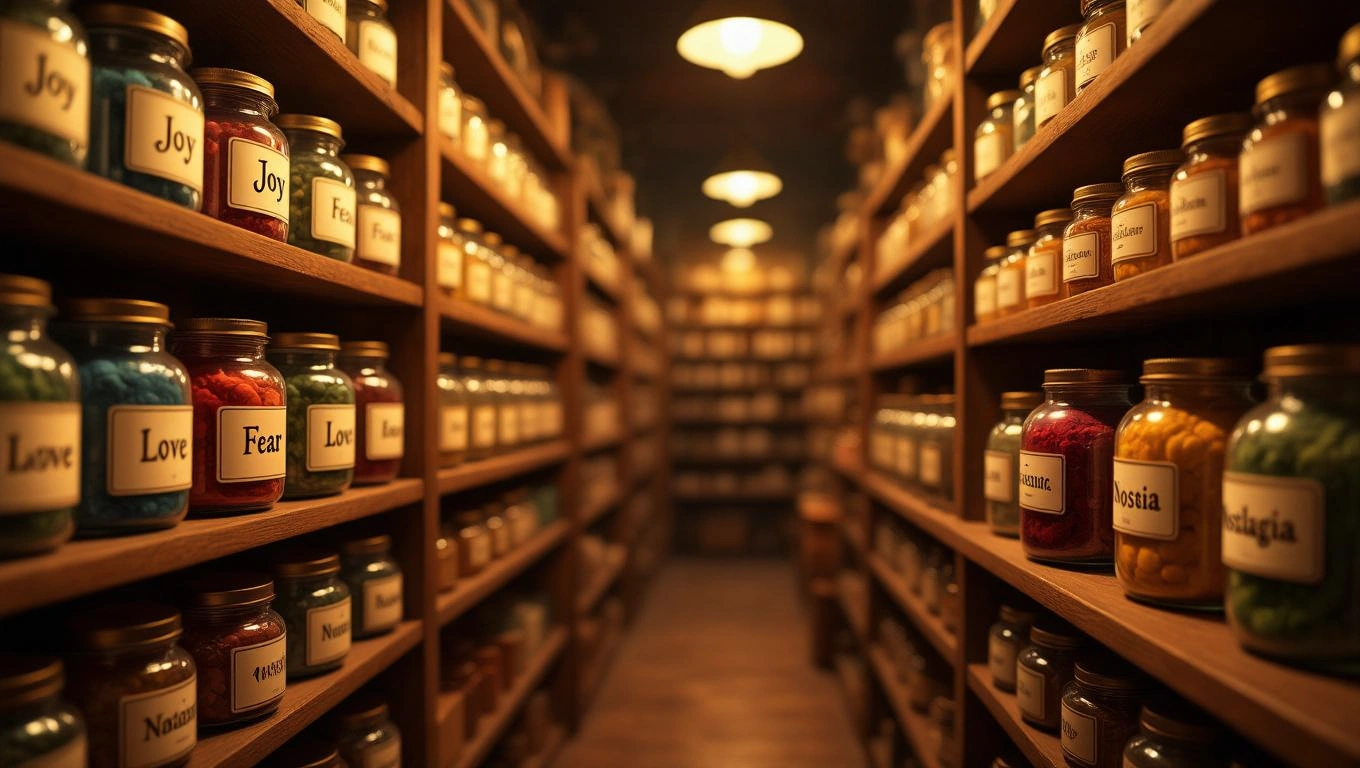 Regale mit Gläsern, die verschiedene Emotionen wie Freude, Liebe und Angst repräsentieren.
