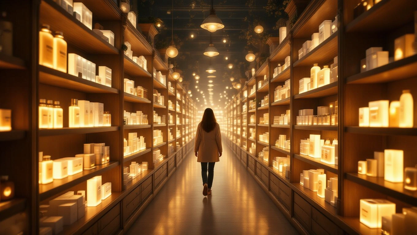 Eine Person geht durch einen beleuchteten Gang voller Produkte in einem Geschäft.