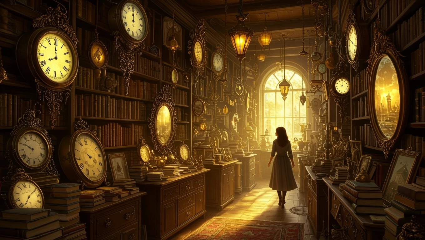 Eine Frau steht in einem Raum voller Bücher und Uhren, die die Zeit symbolisieren.