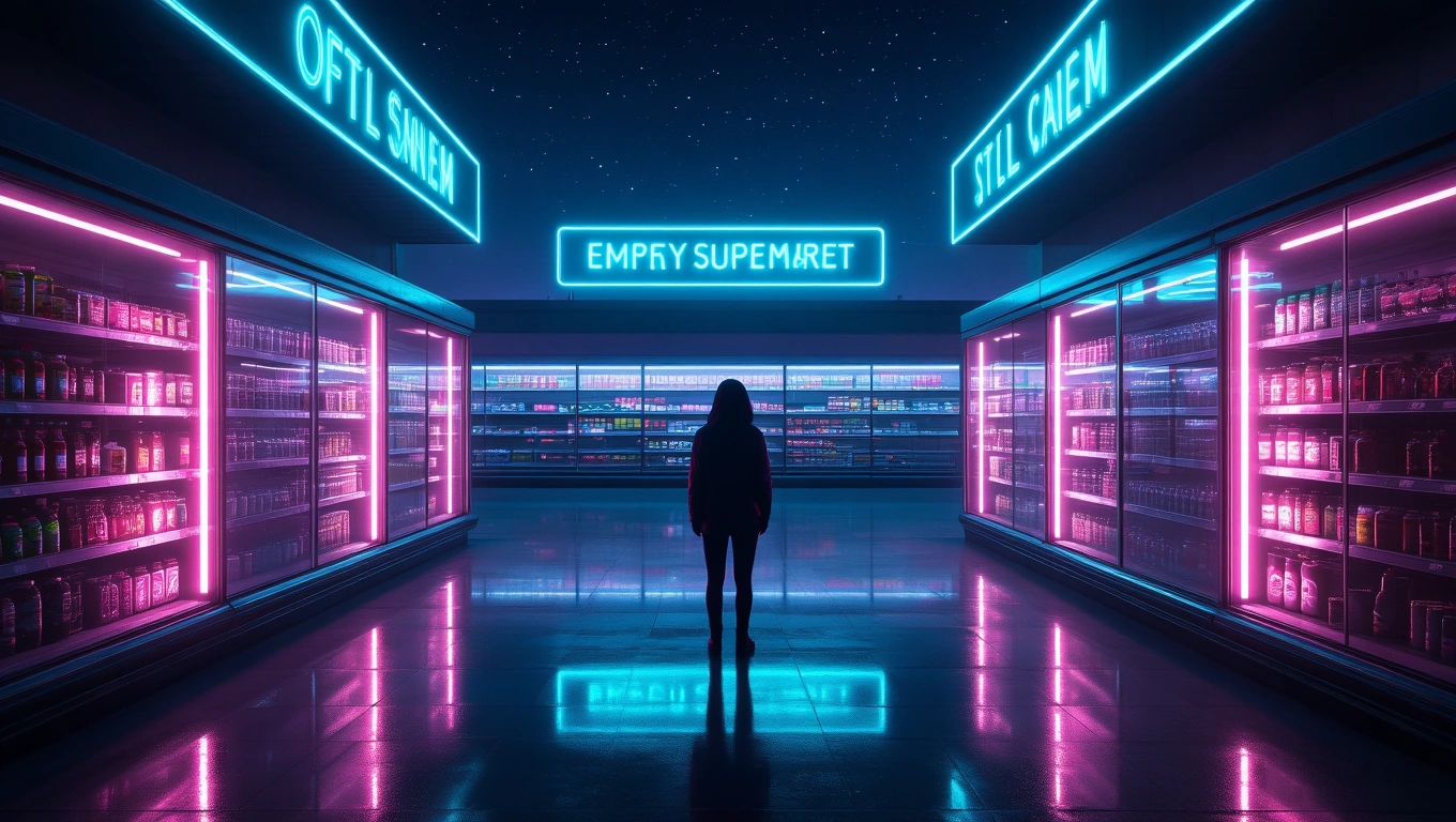 Eine Person steht in einem leeren Supermarkt mit neonfarbenen Lichtern.