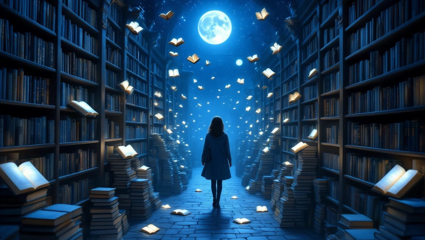 Ein Mädchen steht in einer magischen Bibliothek, umgeben von schwebenden Büchern und einem vollen Mond.