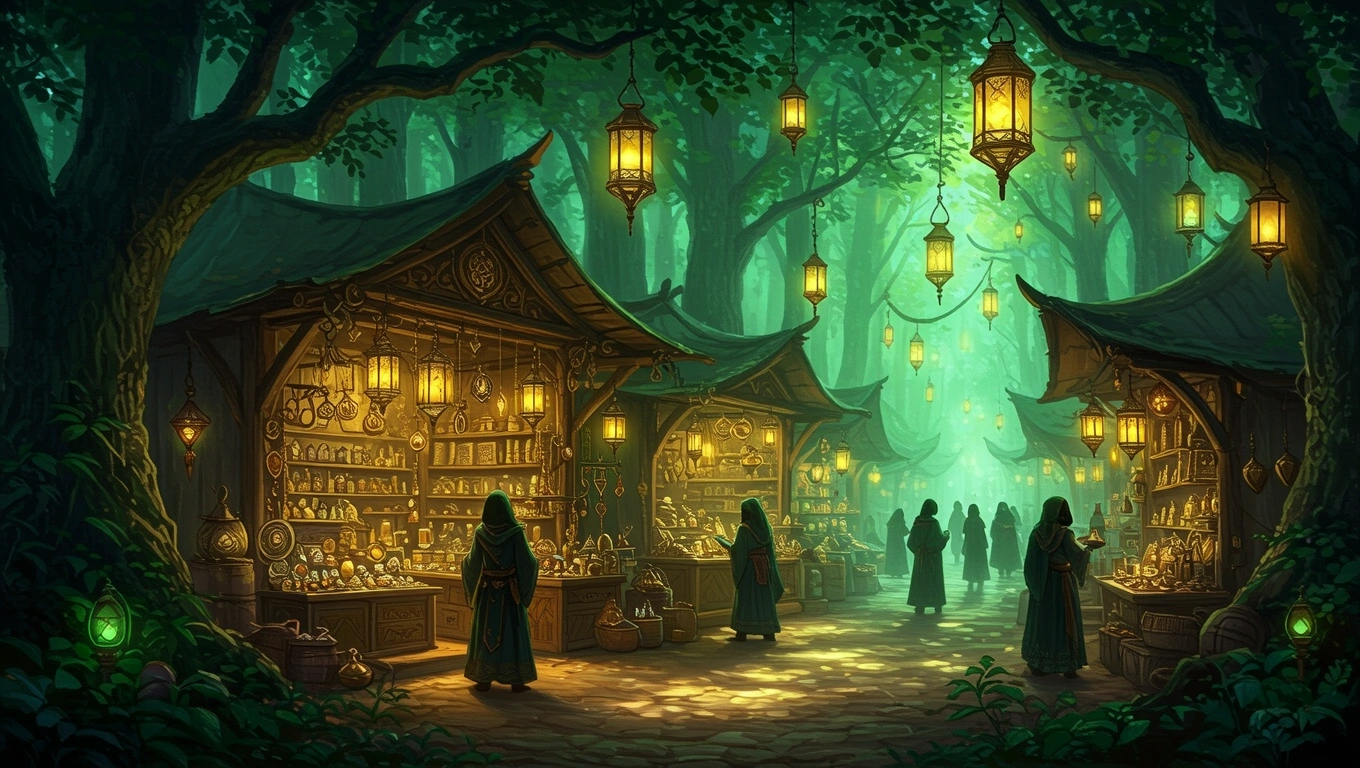 Ein mystischer Markt im Wald mit leuchtenden Laternen und geheimnisvollen Ständen.