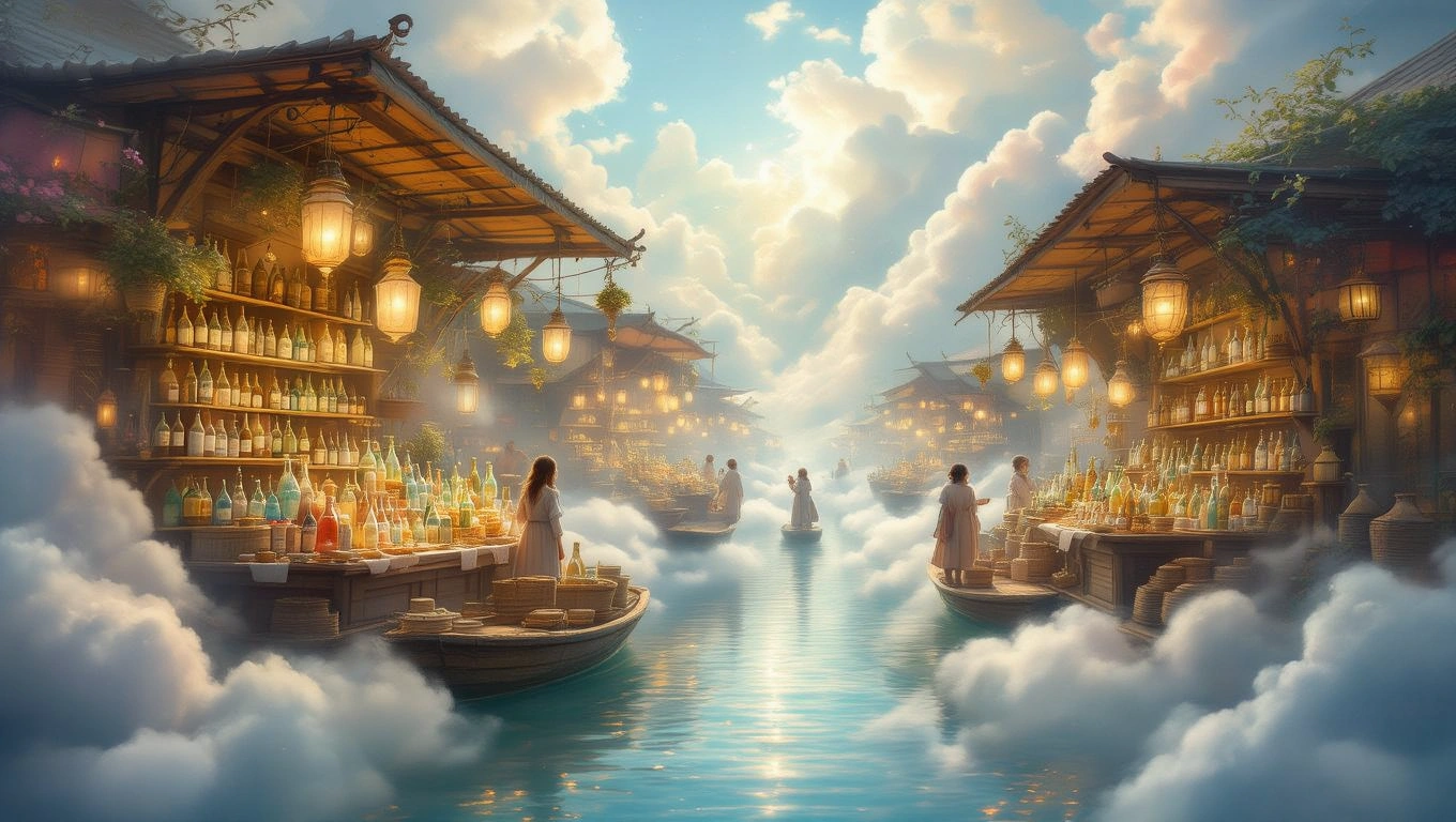 Eine traumhafte Marktszene mit fließendem Wasser und schwebenden Wolken.