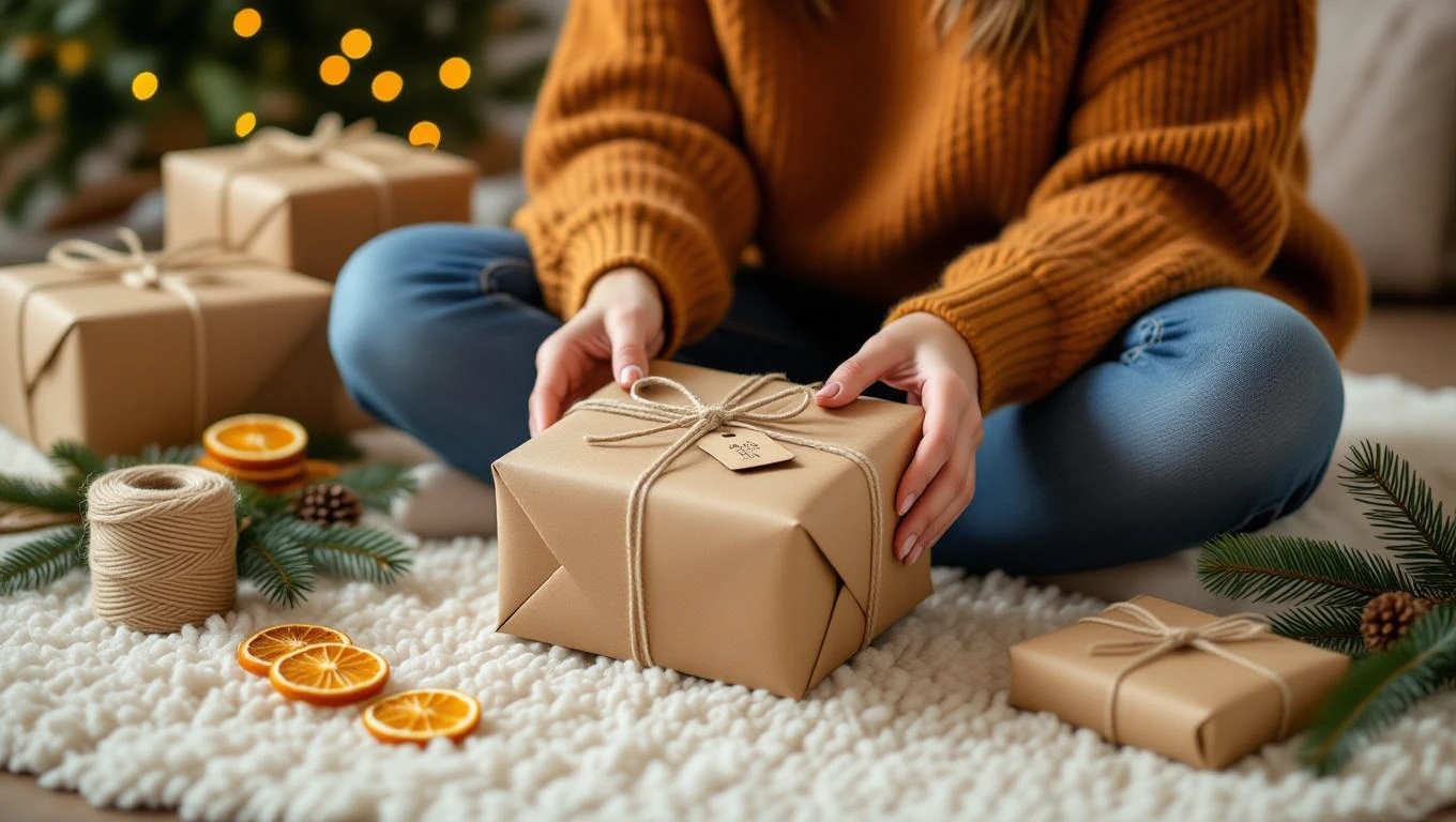 Eine Person sitzt auf einem Teppich und hält ein schön verpacktes Geschenk in den Händen.
